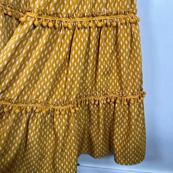 Sandro Paris Halter Tiered Midi Dress S Pom Pom Trim Marigold Block Print - Picture 6 of 8